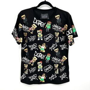 FRESH LAUNDRY Black White Dope Bear All Over Graphic Print T-Shirt Size Kids XL